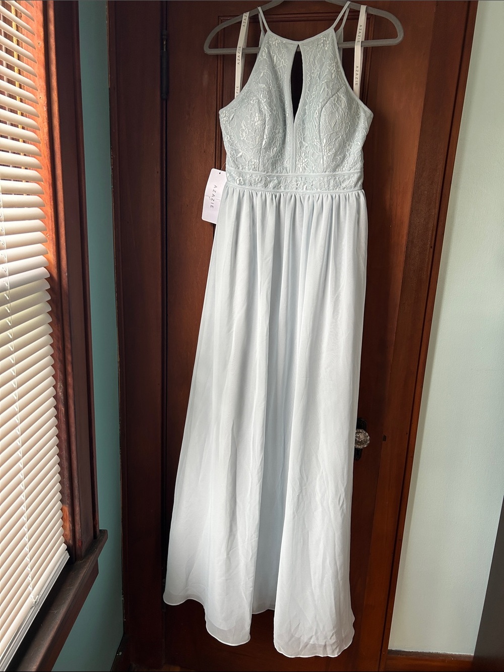 AZAZIE Audrey Mist (Light Blue) Keyhole Top Lace Halter Gown
